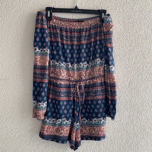 Blue, patterned off the shoulder top shop romper